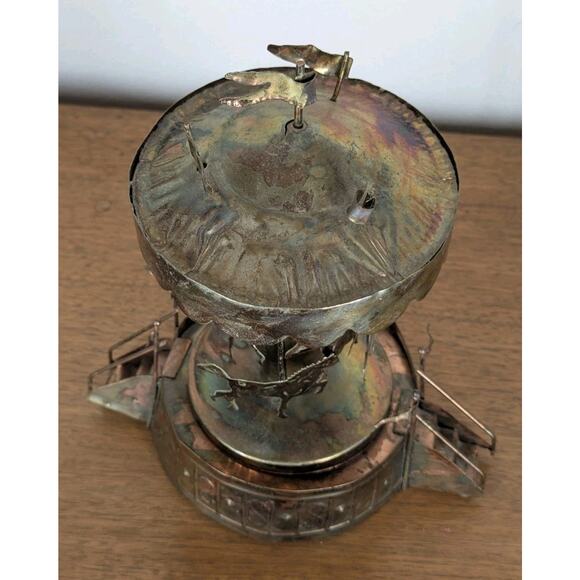 Vintage Copper Wind-Up Musical Carousel Horses 1960s MCM Music Home Decor Gift - Picture 5 of 12